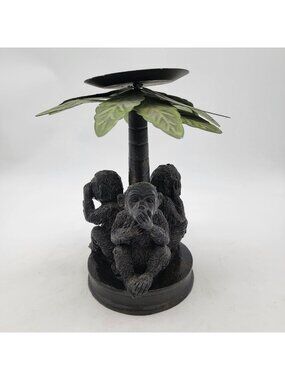 Three Wise Monkeys Candle Holder With Palm Leaf Shade